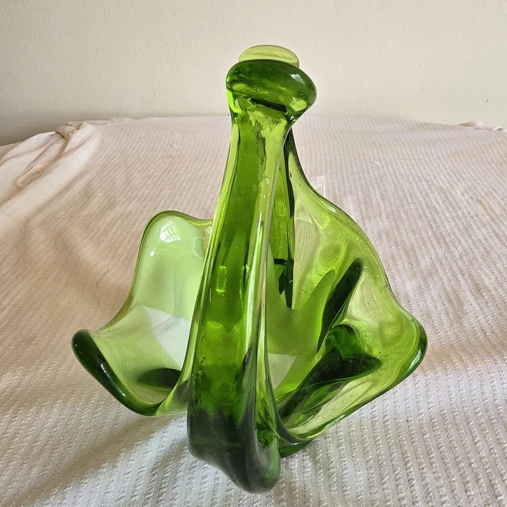 MCM 1960 Emerald Green and White Handblown Glass Basket Candy Dish Bohemian Form